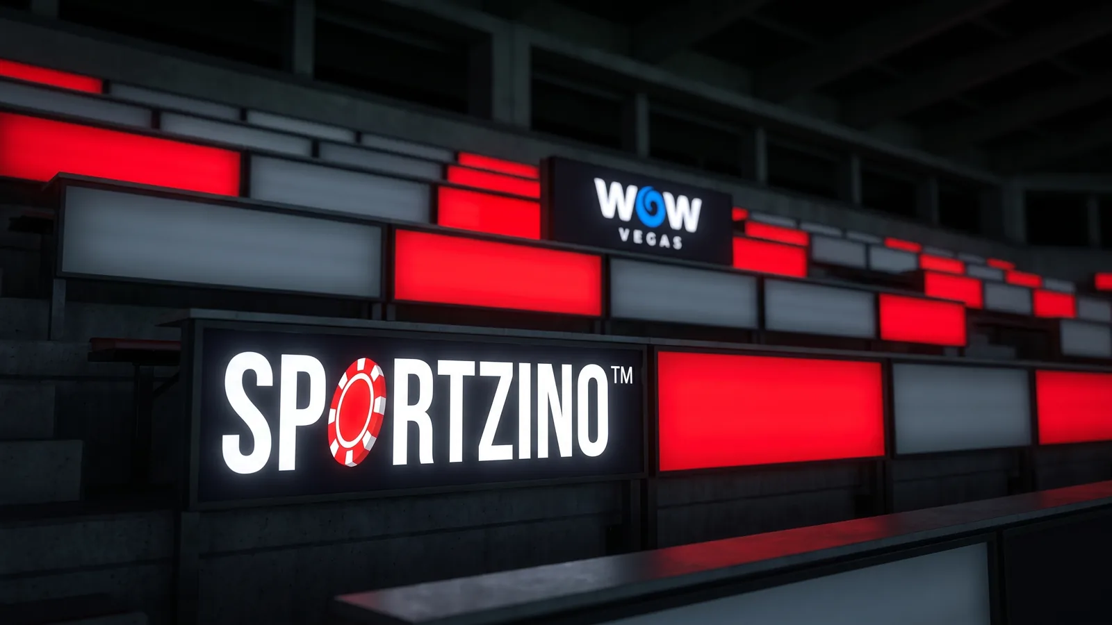 Sportzino logo on a tiered bank of illuminated sign panels, with WOW Vegas and Zula signs in the rows behind