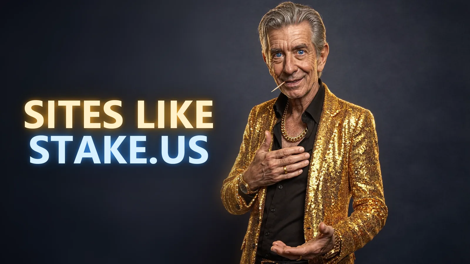 Chip in his gold sequined blazer beside a SITES LIKE STAKE.US neon sign