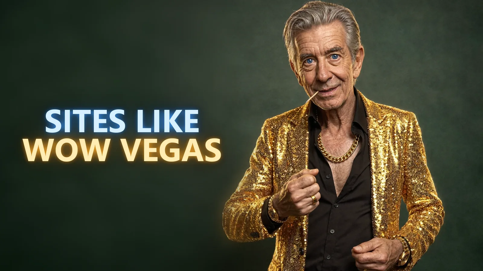 Chip in his gold sequined blazer beside a SITES LIKE WOW VEGAS neon sign