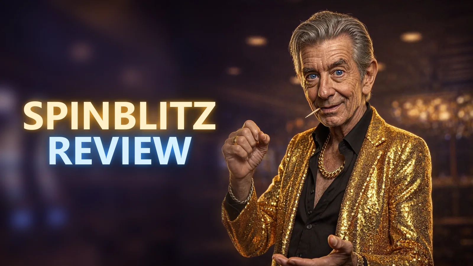 Chip in his gold sequined blazer weighing up a SPINBLITZ REVIEW neon sign on a casino floor
