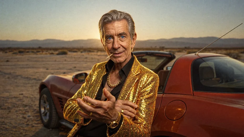 Chip leaning on his red Corvette in the desert, the guide to a sweepstakes casino leaving your state