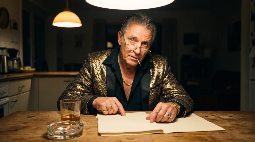 Chip reading a stack of sweepstakes casino account rules at his kitchen table late at night